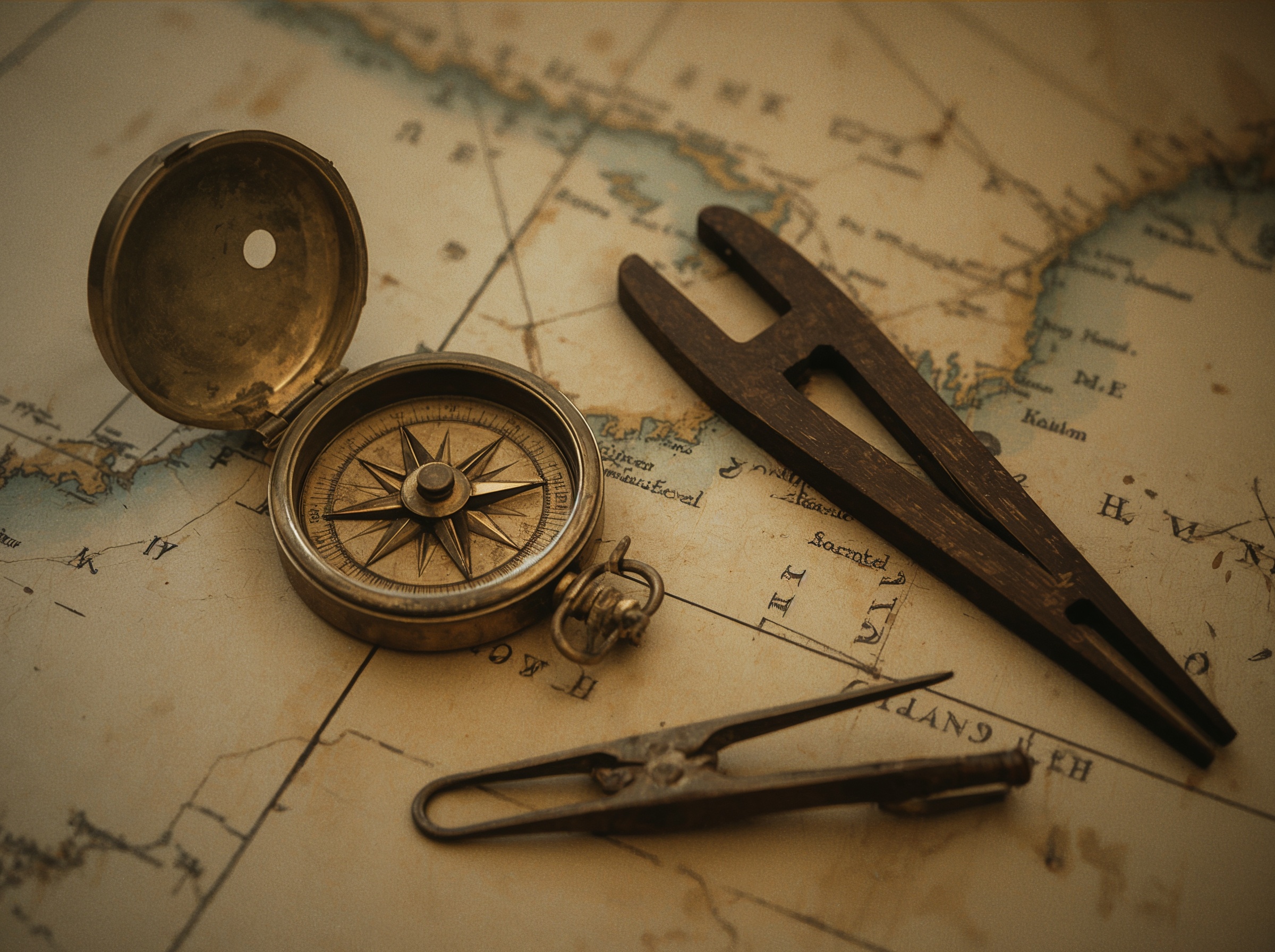 A brass compass and a pair of dividers resting on an antique chart, instruments for reading terrain